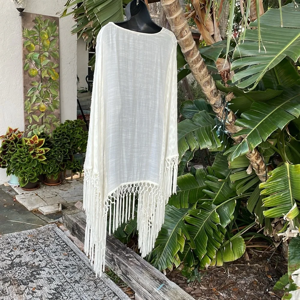 Patchwork embroidered and net silky fringed poncho